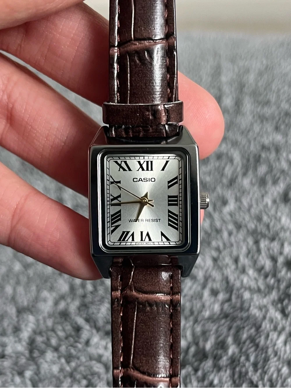 Casio Brown Leather Strap Watch with Silver-Tone Square Case and Cream Dial